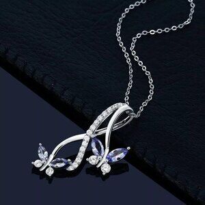 New Womens Tanzanite CZ Butterfly 925 Silver Necklace